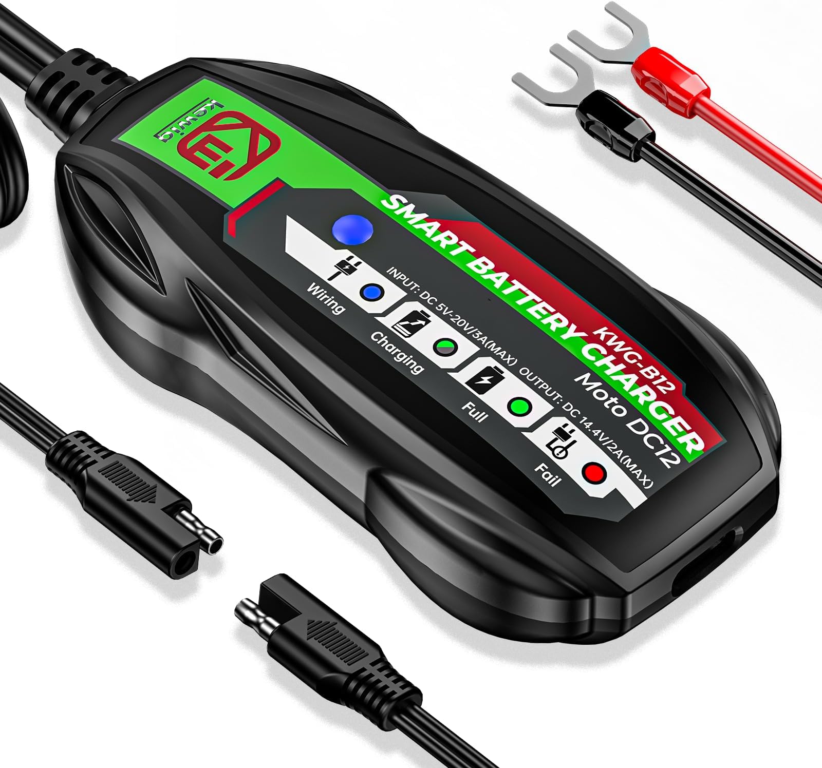 2A Smart Battery Charger, USB Input 12V Automatic Motorcycle Charger, Maintenance Charging, Lead Acid, AGM Lithium Battery Charger - Easy to Charge 12V Batteries with Power Bank or Socket