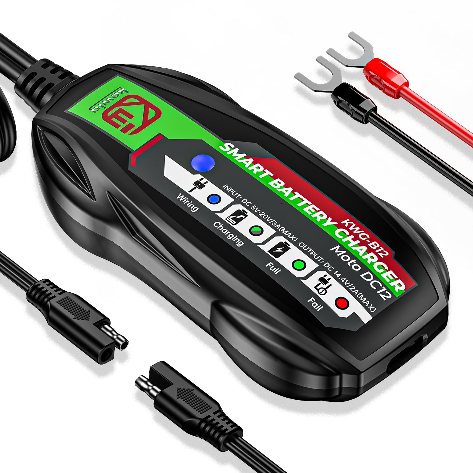 2A Smart Battery Charger, USB Input 12V Automatic Motorcycle Charger, Maintenance Charging, Lead Acid, AGM Lithium Battery Charger - Easy to Charge 12V Batteries with Power Bank or Socket