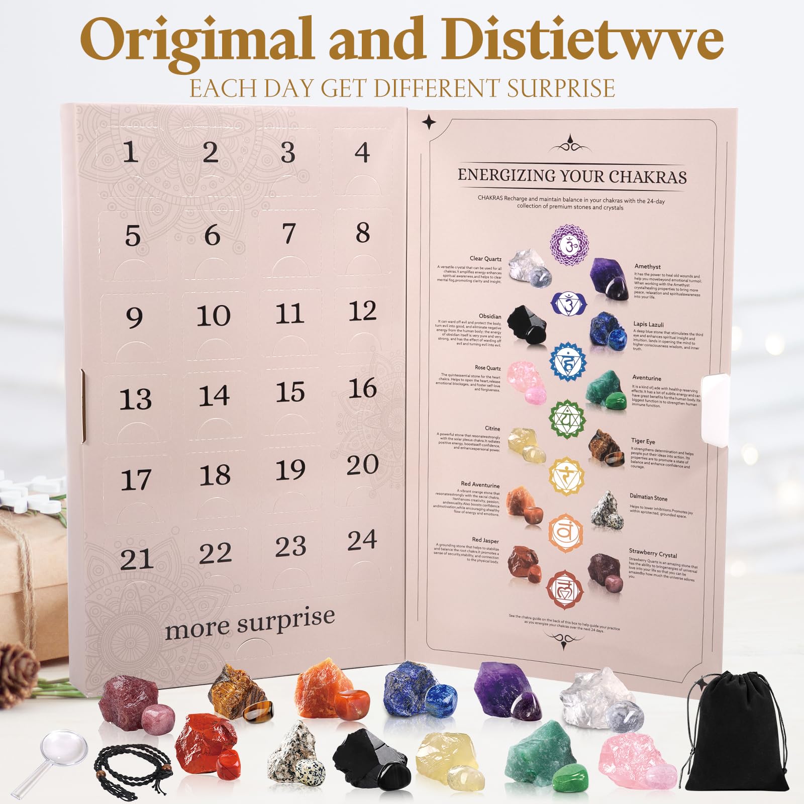 Calendario de Adviento de piedras preciosas, cristales, calendario de Adviento 2025 para niños, calendario de Navidad, cuenta regresiva con 24 cristales de chakra (A)