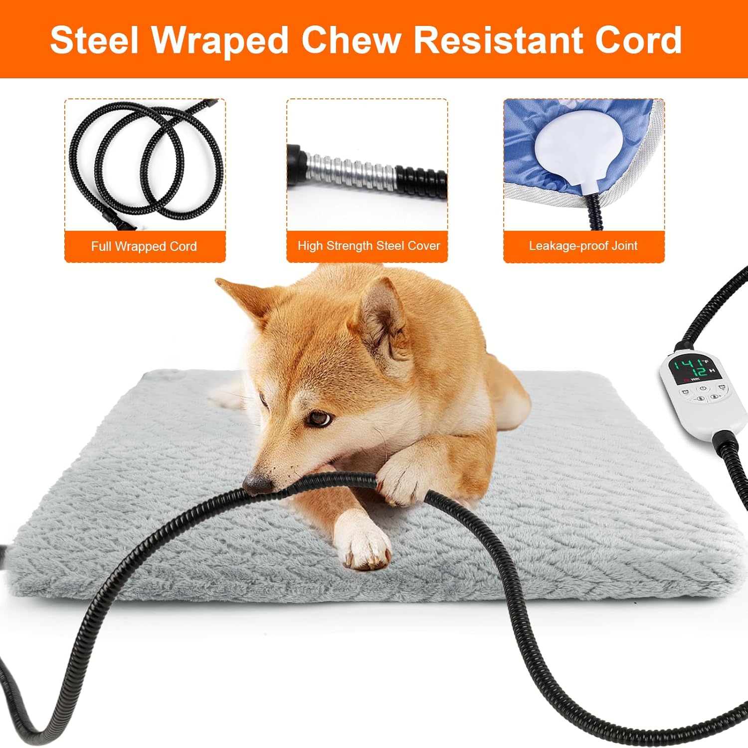 ENJOY PET Pet Heating Pad for Cats Dogs, Heated Dog Bed Indoor Dog Heating Pad with Chew Resistant Steel Cord, 12 Level Timer and Temperature Heated Pet Bed Electric Warming Blanket (28''x18'')