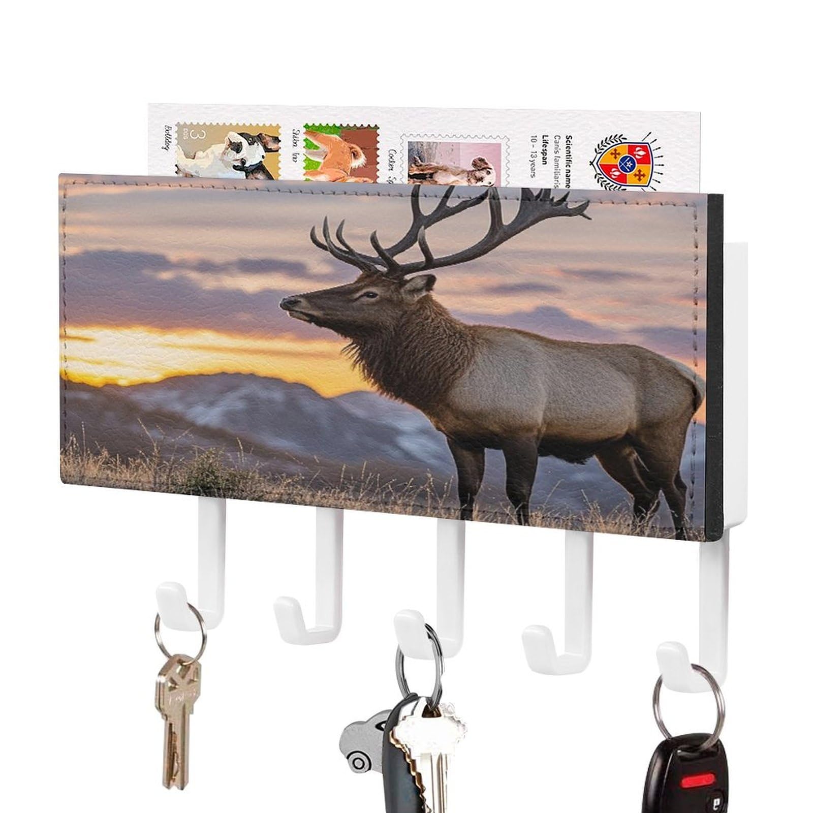 Vstadank White-Style Red Deer Bull Elk Sunset Key Holder Wall Mount Pu Key Rack Decorative Key And Mail Holder Wall Key Organizer With 5 Key Hooks Key Hanger For Entryway Kitchen Living Room Office Doorway Decor White