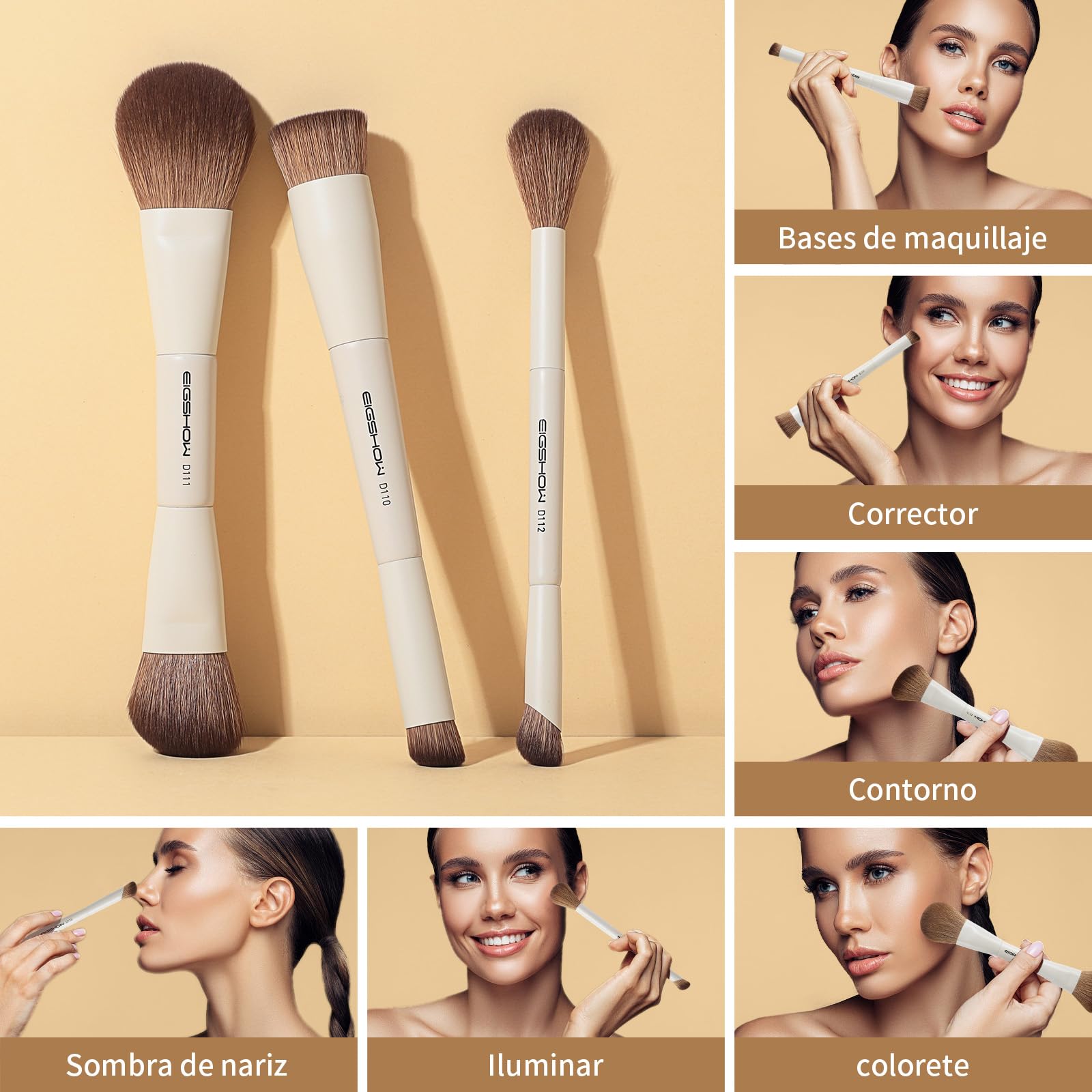 EIGSHOW Juego de pinceles de maquillaje 3 unidades brochas dos extremos fibra sintética suave