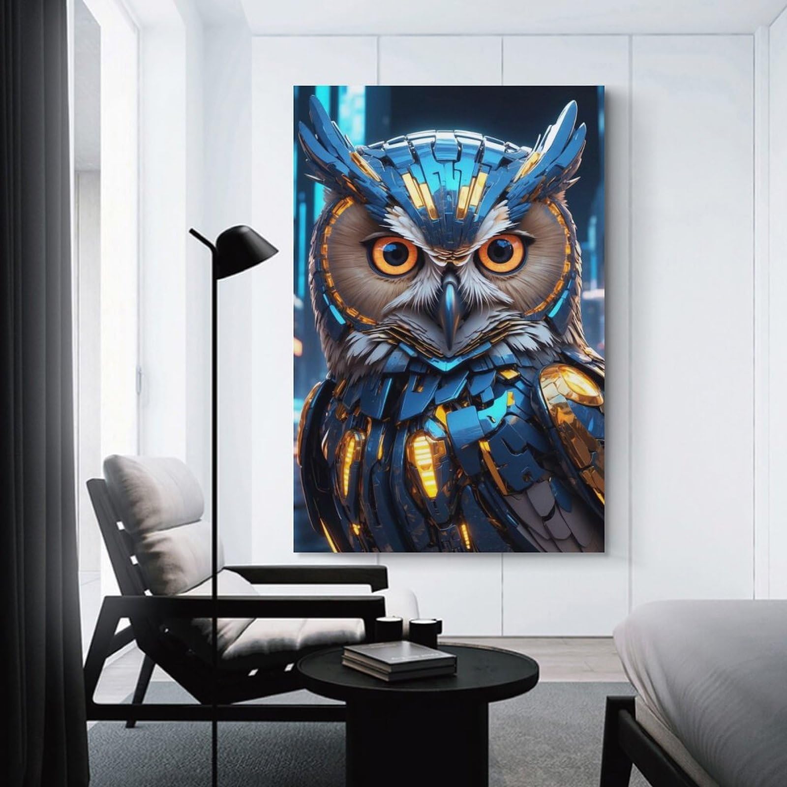 Junmoney Canvas Art Print Cyberpunk Owl Portrait, 24x36inch(60x90cm), for Office, Study Or Home Workspace, Home Office Artwork with Decorative Appeal
