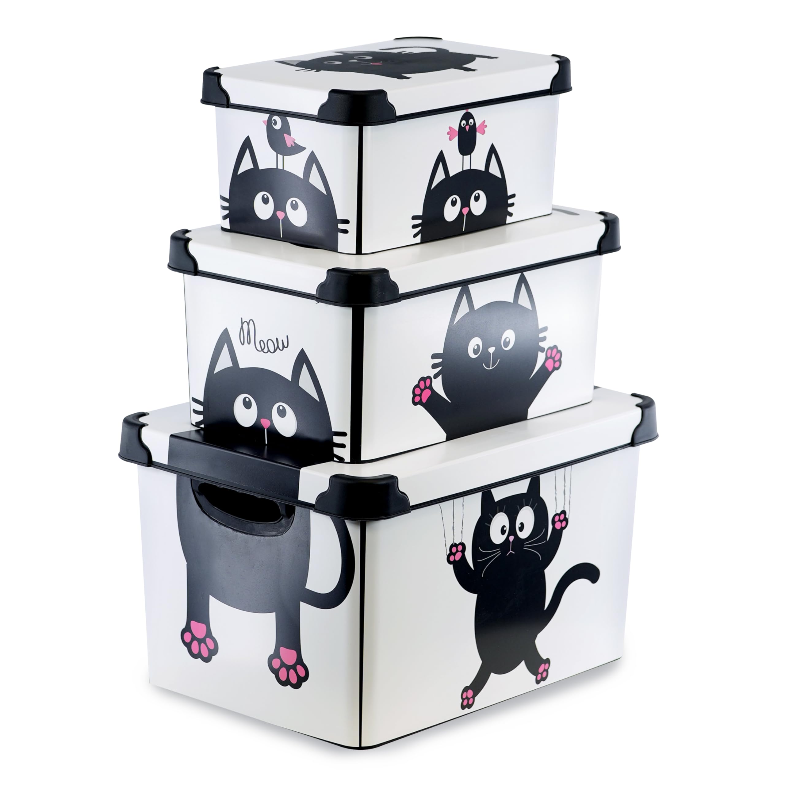 GEEZY Decorative Storage Boxes with Lids Set of 3 (22, 10, 5L) - Nesting Stackable Plastic Containers with Handles, Bedroom, Office, Wardrobe, Garage - Cute Cat Theme for Toys, Clothes, Home, Files