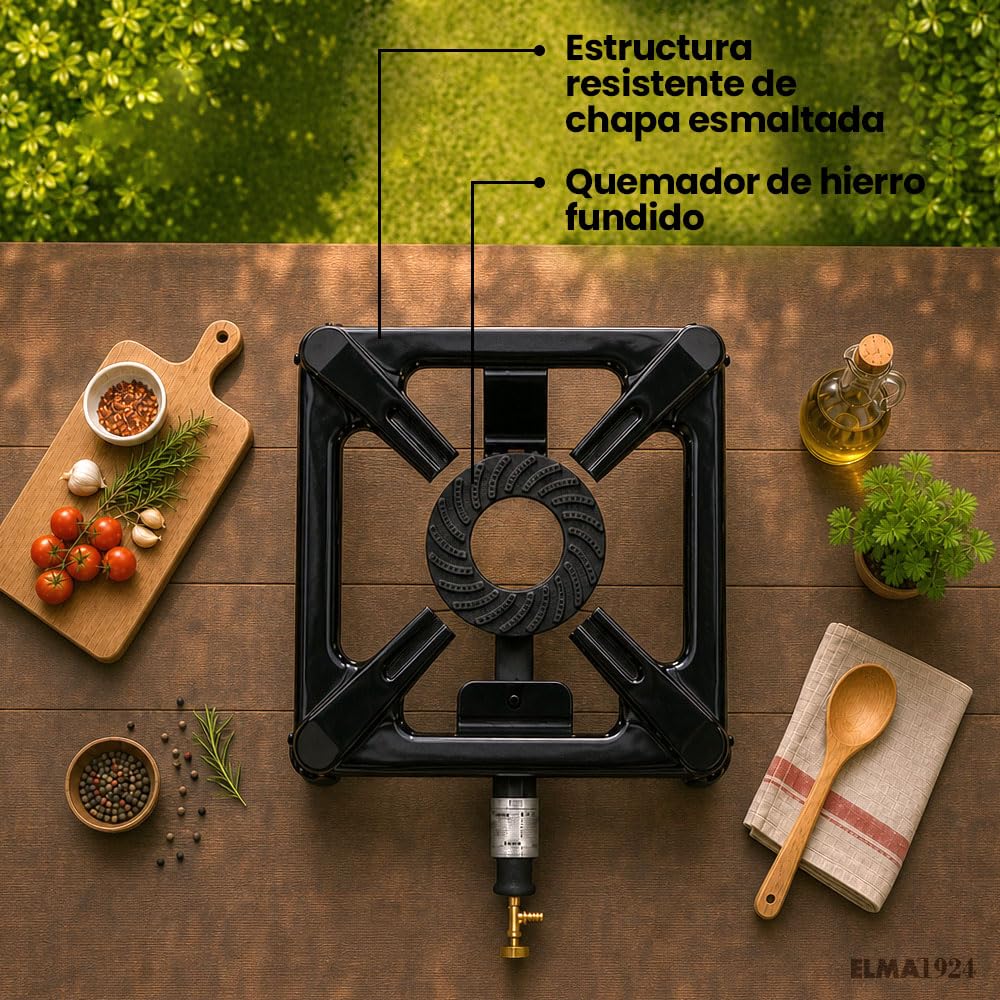 ELMA Hornillo de Gas para Exterior 6,5 kW | Compatible con Butano y Propano | Quemador de Hierro Fundido | Llama Regulable, Válvula de Seguridad