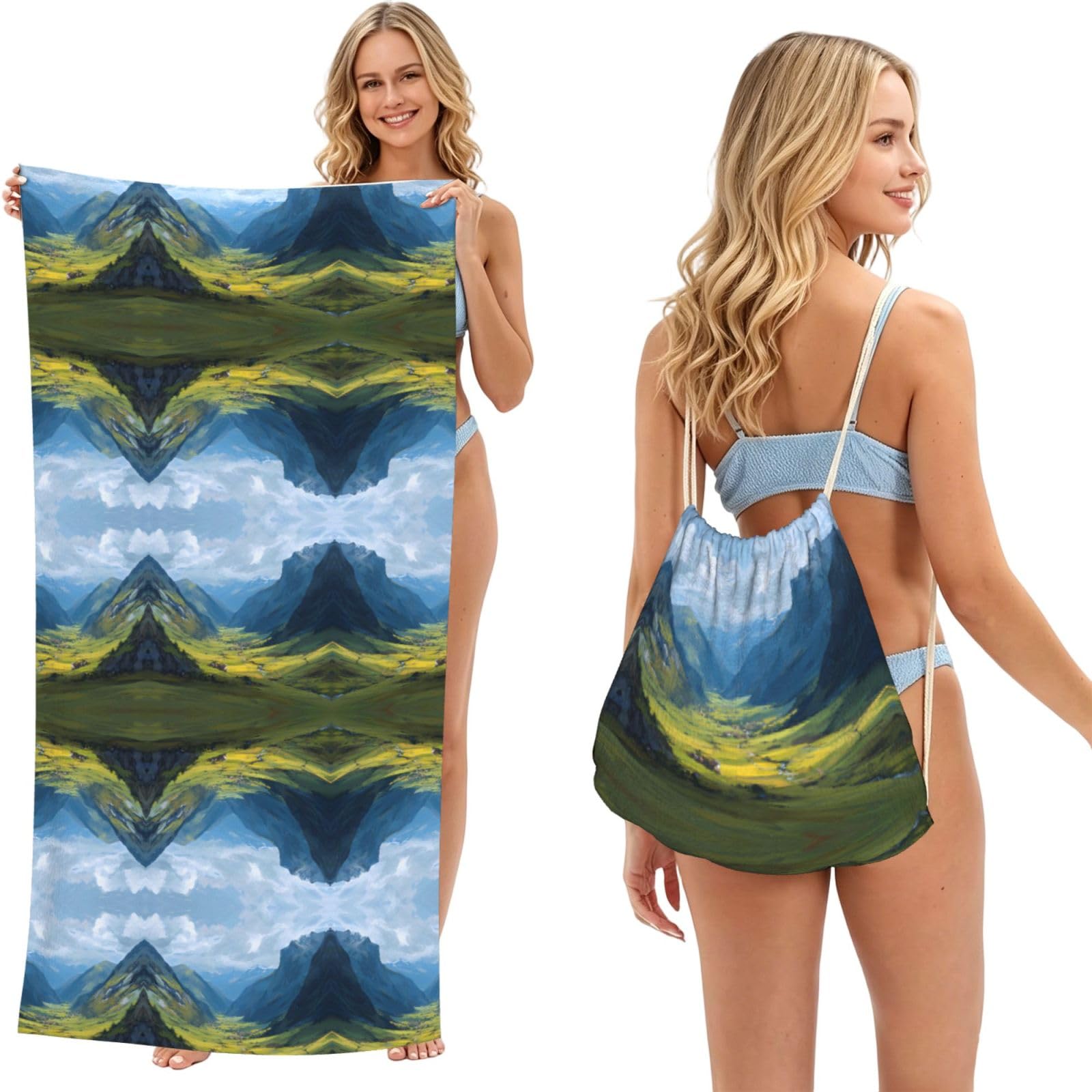 EZDLOWVBA Valley Print Beach Towel Backpack 2 In 1 Summer Large Lightweight Beach Towel - Multifunctional Ship Pattern Towel Bag For Storage,Sport