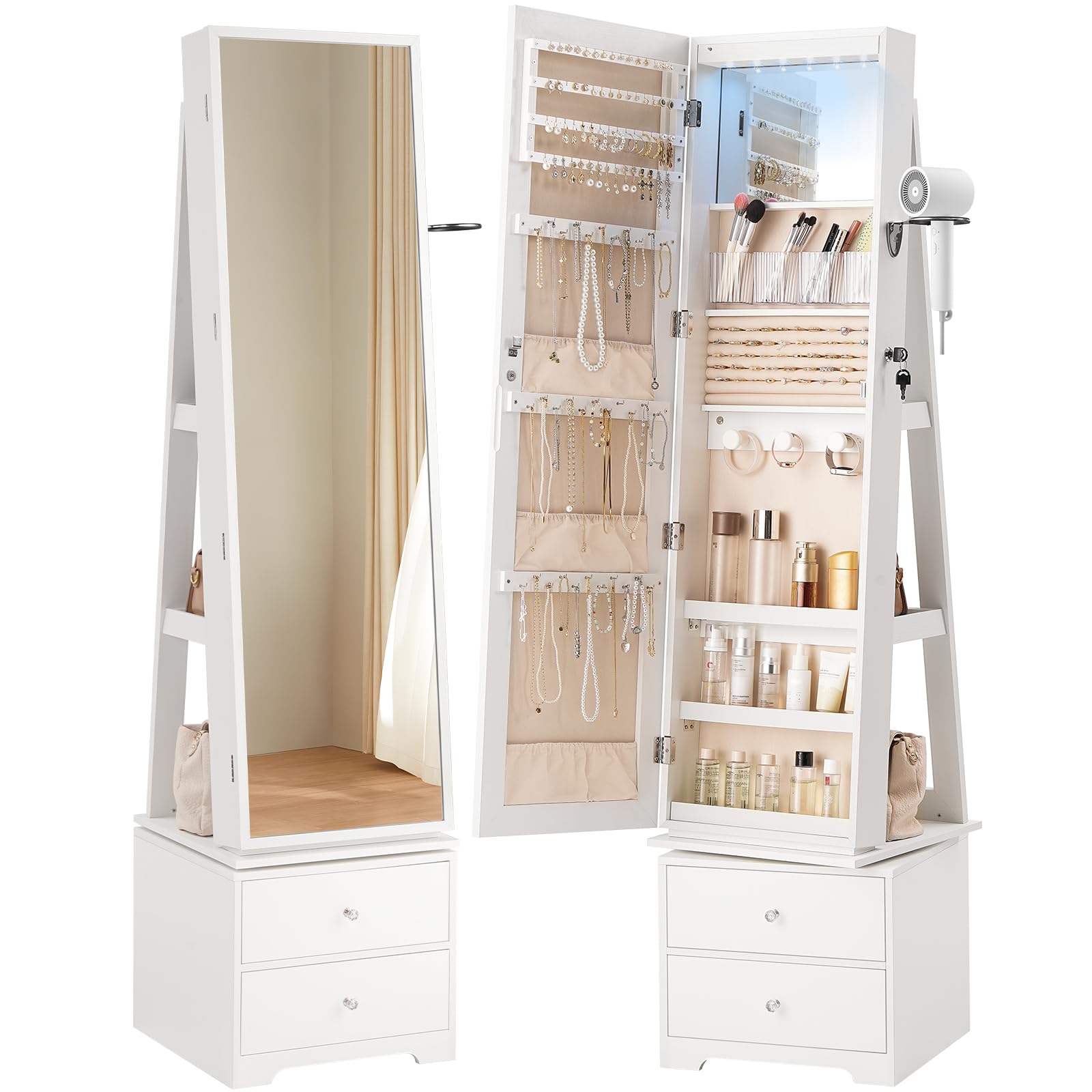 HOOBRO 360° Swivel Jewelry Cabinet with LED Lights, Standing Jewelry Armoire with 2 Drawers, Full-Length Mirrored Jewelry Organizer, Lockable Jewelry Cabinet, Makeup Brush Boxes, White