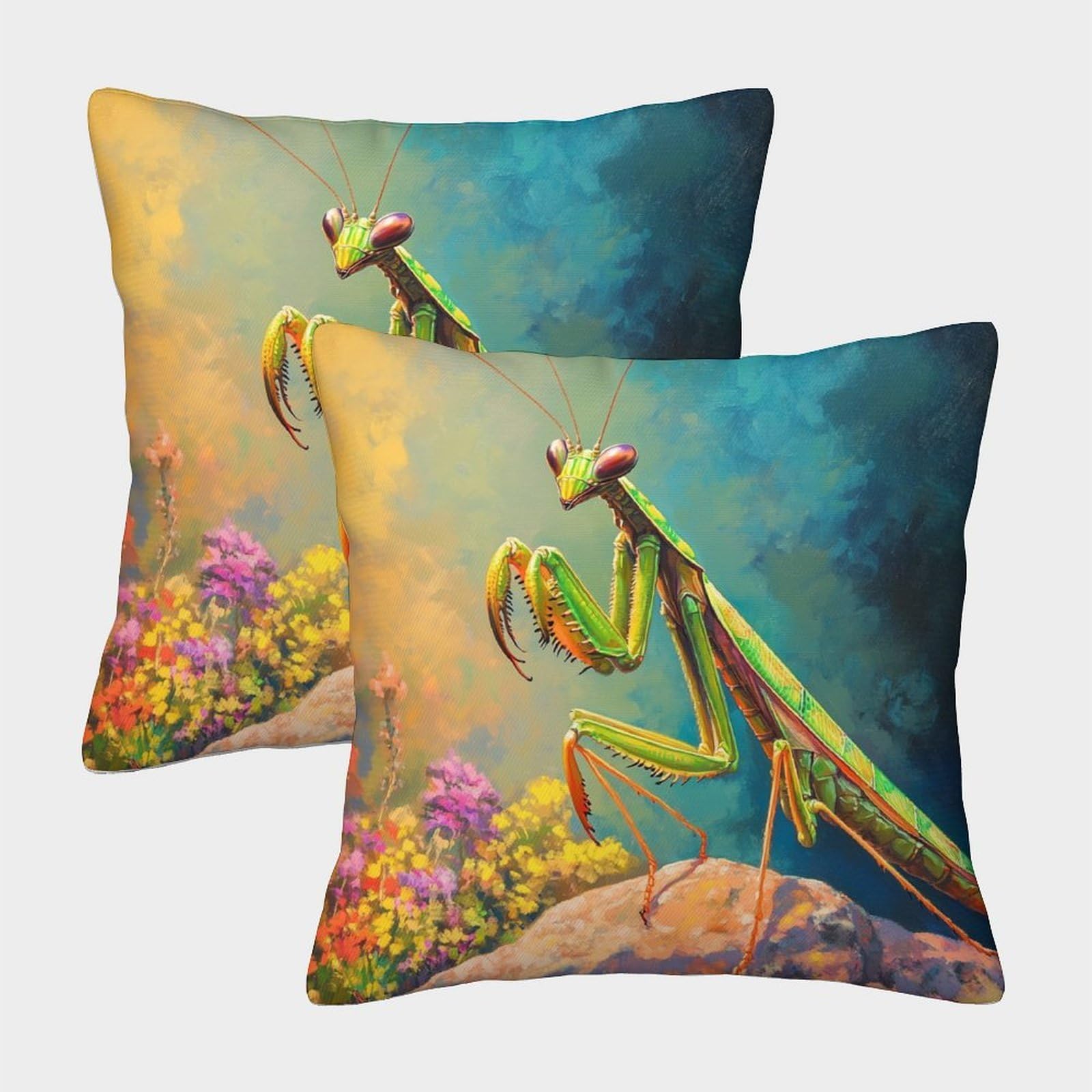 kaiyun 2 Pack Praying Mantis,Painted Style Luxury Digital Printed Soft 3D Themed Square Cushion Cover 50x50cm