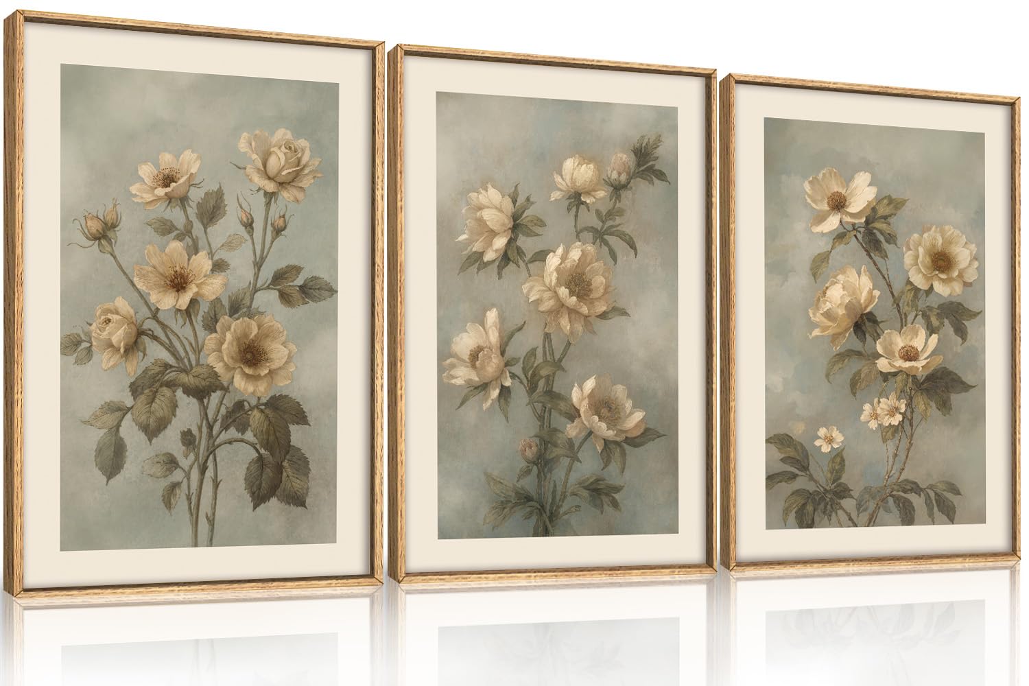 KAIRNE Vintage Moody Botanical Flower Framed Canvas Wall Art Set-24"x36"x3 | Green Beige Floral Wall Decor,Rustic Wildflower Art Prints,Boho Minimalist Artwork for Living Room,Bedroom,Farmhouse,Office