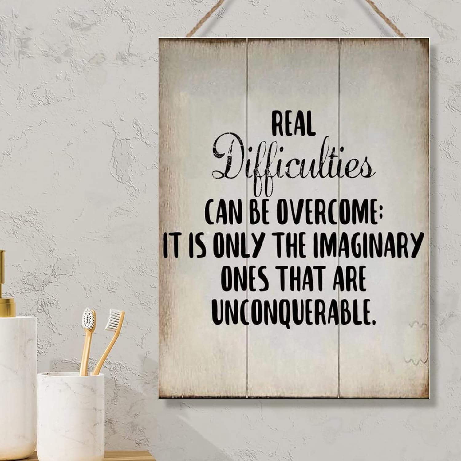 Wall Decor Wood Sign Real Difficulties Can Be Overcome Sign Inspirational Quotes Scripture Wood Wall Plaques Rustic Wood Sign for Living Room Bedroom 18x24in New Home Gift to Friend