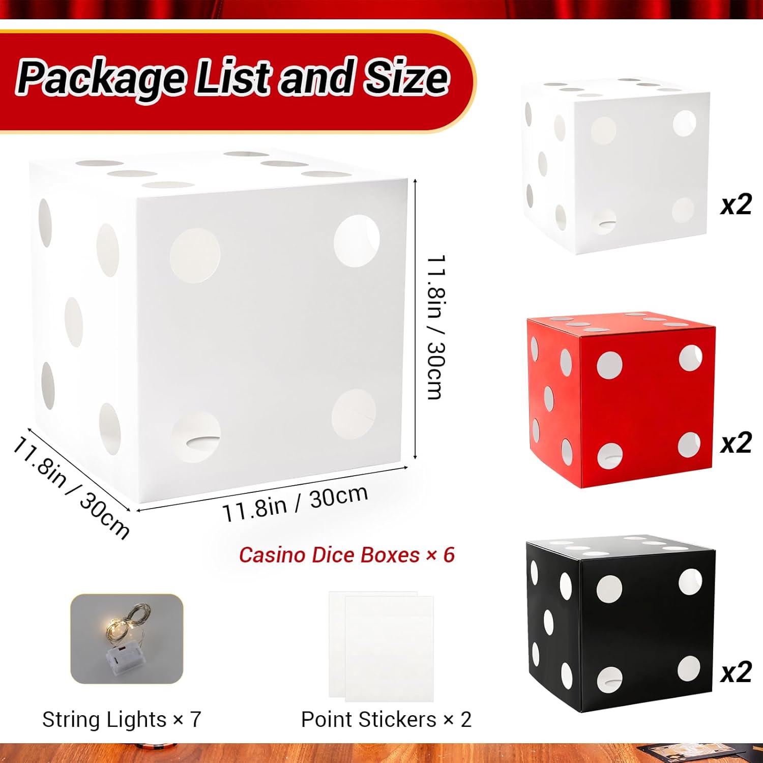 6 Pcs Large Dice Favor Boxes with Light, 11.8 inch Casino Theme Party Decorations Large Dice Box for Casino Las Vegas Game Night Party Decorations Birthday Party Supplies