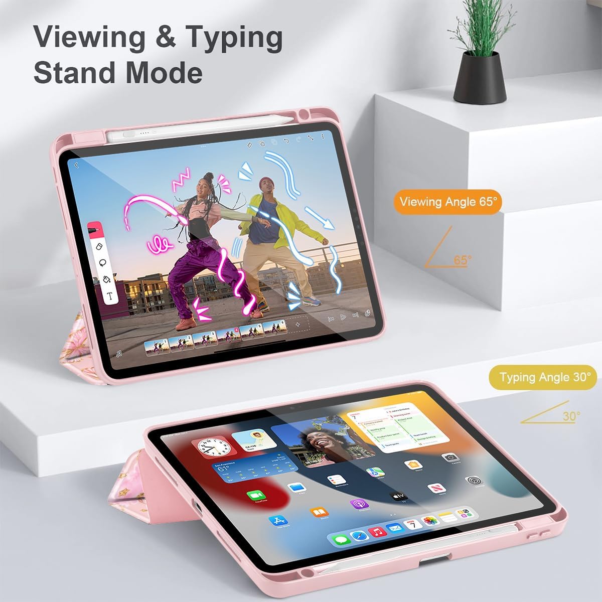 Tuiklol for iPad Pro 11 Inch (M5 2025 / M4 2024) Case, Buit-in Pencil Holder with Slim Clear Back Cover Protection Trifold Stand-Auto Wake/Sleep Tablet Case, Black Flower Pink Butterfly