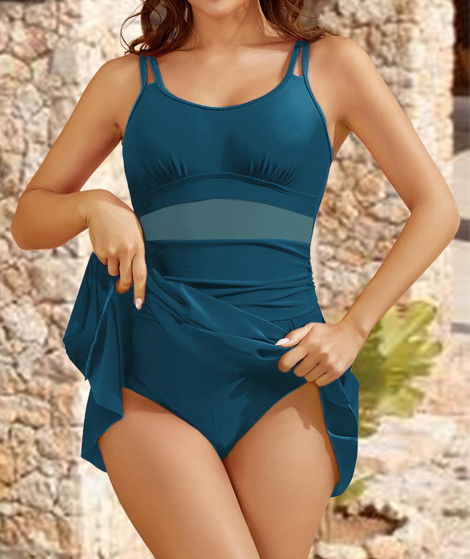 Vestidos de baño de una pieza para mujer, con control de abdomen, tirantes ajustables, traje de baño y falda