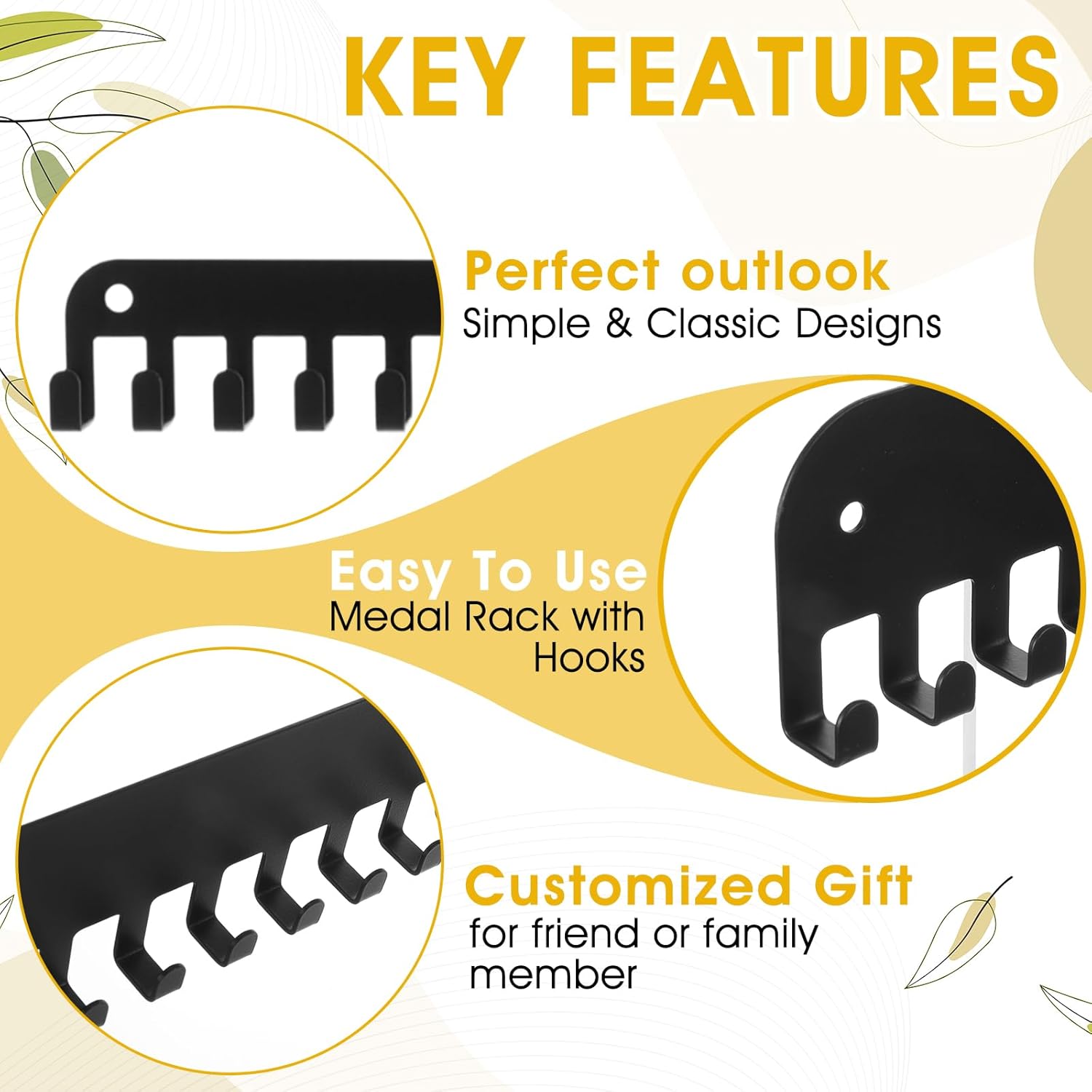 4 Pack Medal Holder Hanger Display with 20 Hooks Wall Mounted Sport Metal Medal Display Hanger Rack for Running Marathon Gymnastics Soccer Wrestling Black