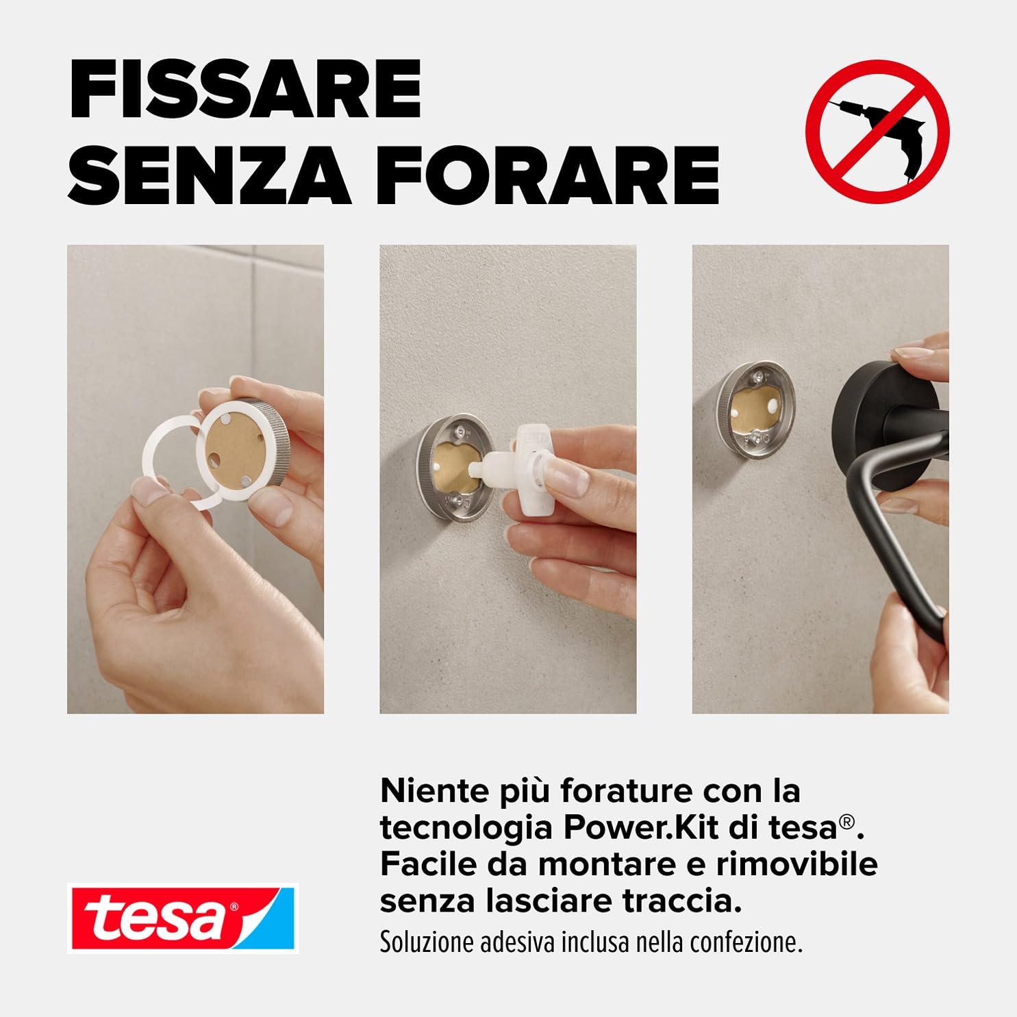 Tesa Porta asciugamani ad anello MOON BLACK, look Nero opaco, autoadesivo, tecnologia di montaggio adesiva, 53 mm x 184 mm x 130 mm