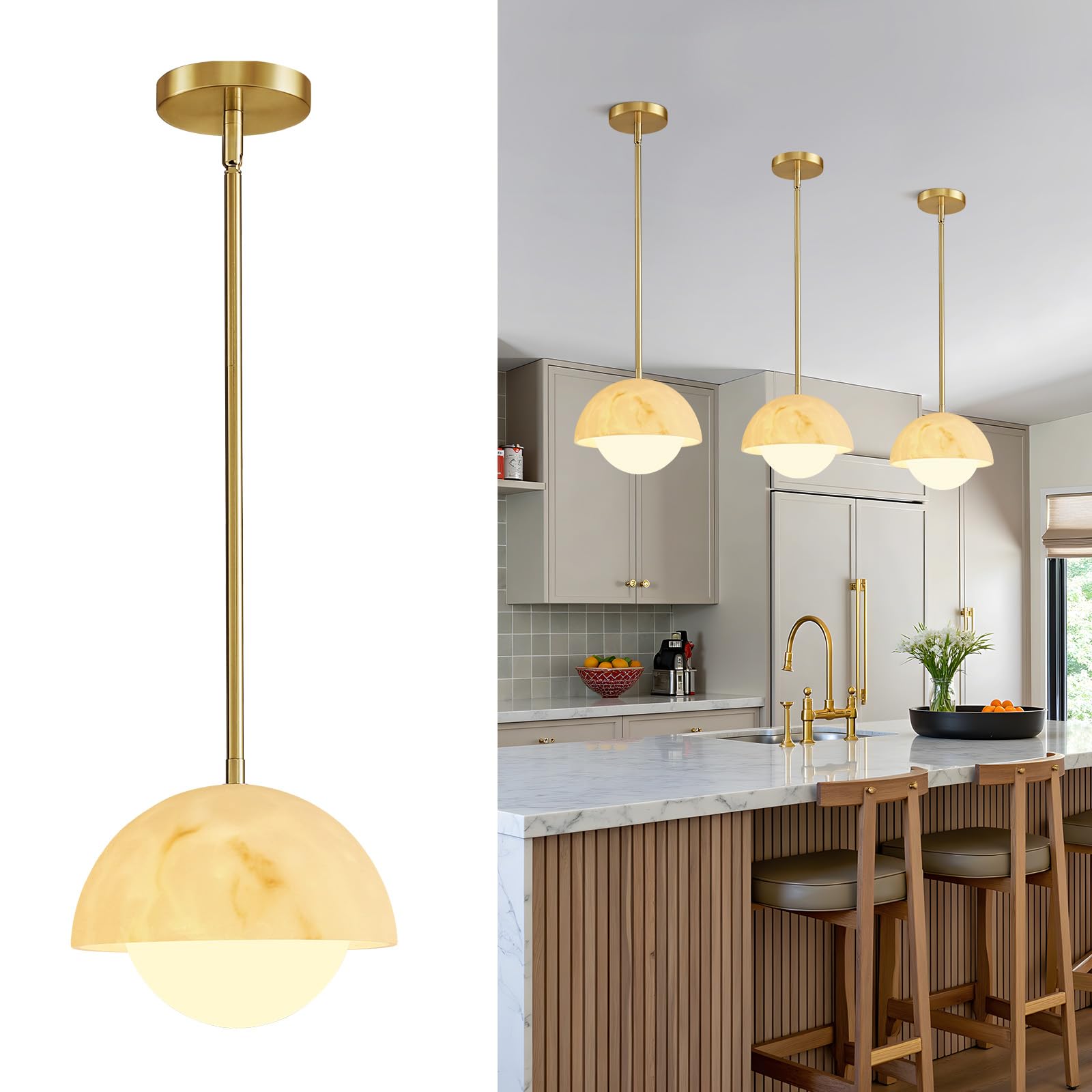 Photo 1 of HAHZT Modern Pendant Light Fixtures: 10 Inch Resin Shade Mid Century Chandelier with Milk Glass Globe - Adjustable Gold Pendant Lighting for Kitchen Island
