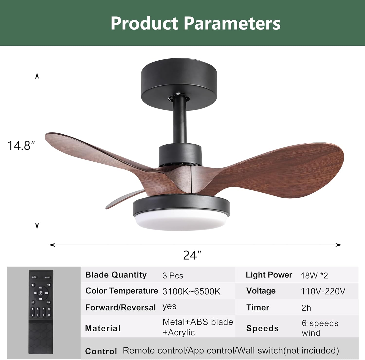 24" Black Small Ceiling Fan with Light Remote Control,Modern Low Profile Ceiling Fan, 6-Speeds Quiet Reversible DC Motor for Bedroom,Kitchen