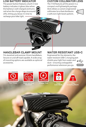Miniatura 4 de NiteRider Lumina Micro - Luz delantera recargable USB-C de 1150 lúmenes  5 modos de luz LED compacta, IP64 impermeable para ciclismo de carretera,