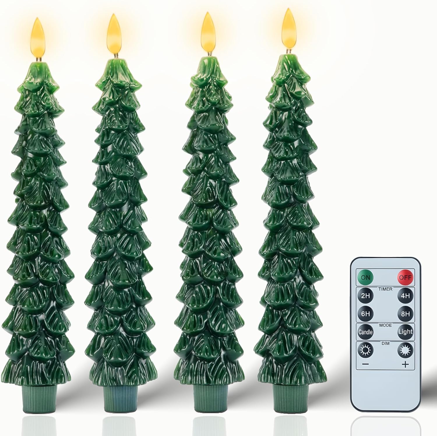 Boribim Christmas Decorations Indoor - 4 PCS Christmas Tree Candles with Remote and Timer - Flameless Christmas Taper Candles - Battery Perated Green LED Candlesticks for Christmas Home Decor