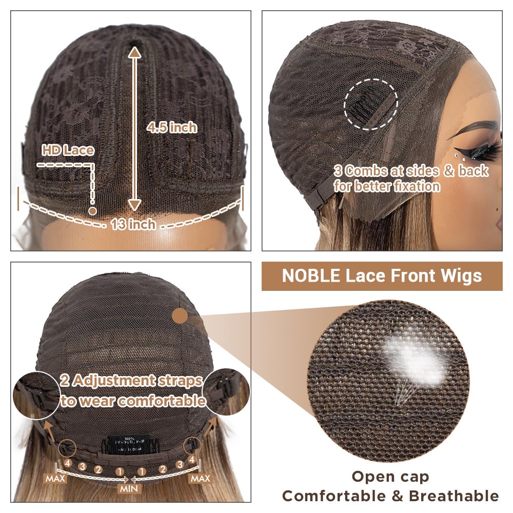 NOBLE Bob Perücken für Frauen Kurz T Teil HD Lace Front Perücken Ombre Braun Blond Synthetische Stumpf geschnitten Bob Lace Front Perücken für Party und Alltag 10 Zoll