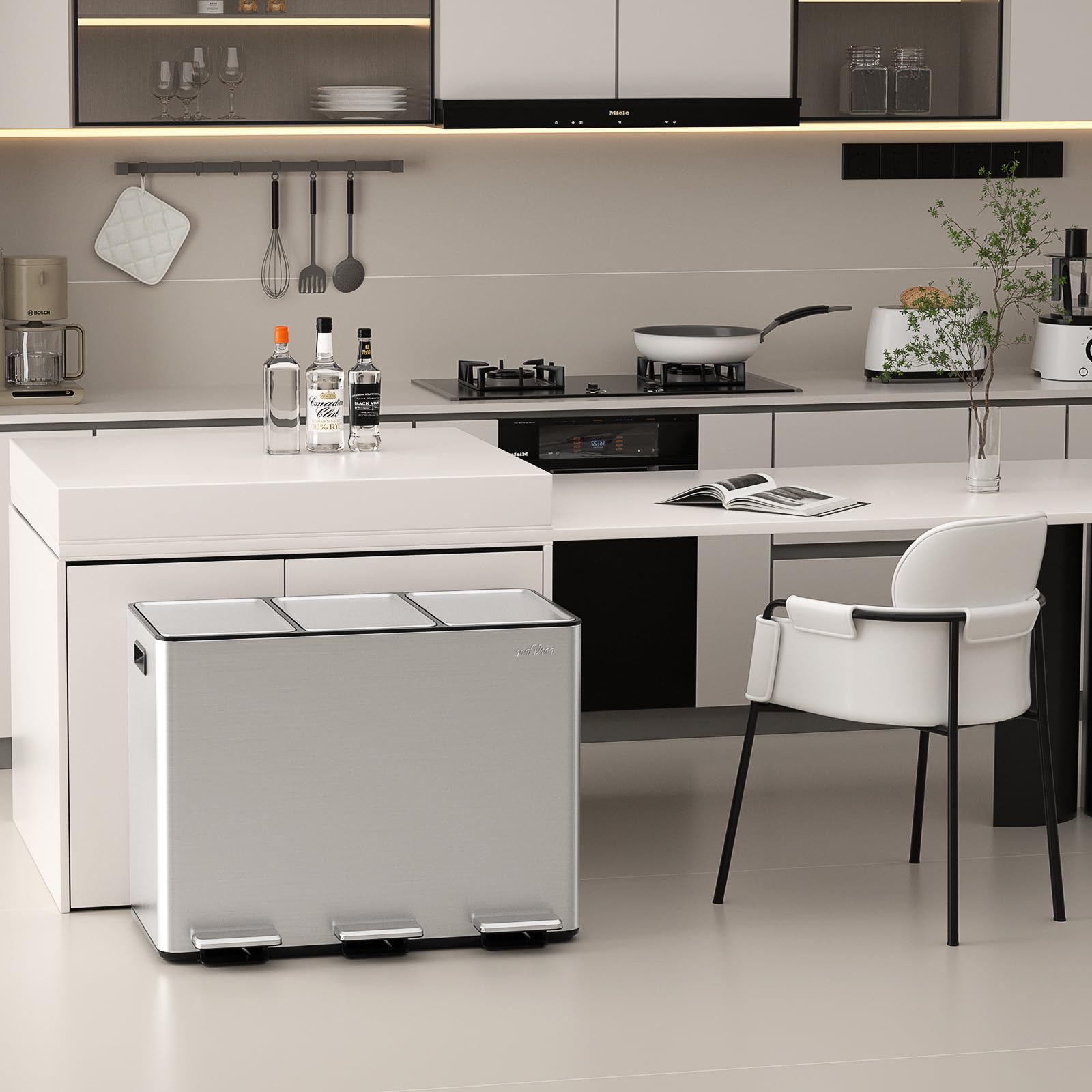 mVm Pattumiera Cucina, Pattumiera Differenziata 3 Scomparti, 3 x 15L, 3 Scomparti per Riciclaggio, in Acciaio Inossidabile, Secchi Interni Rimovibili, per Cucina, Ufficio, Argento