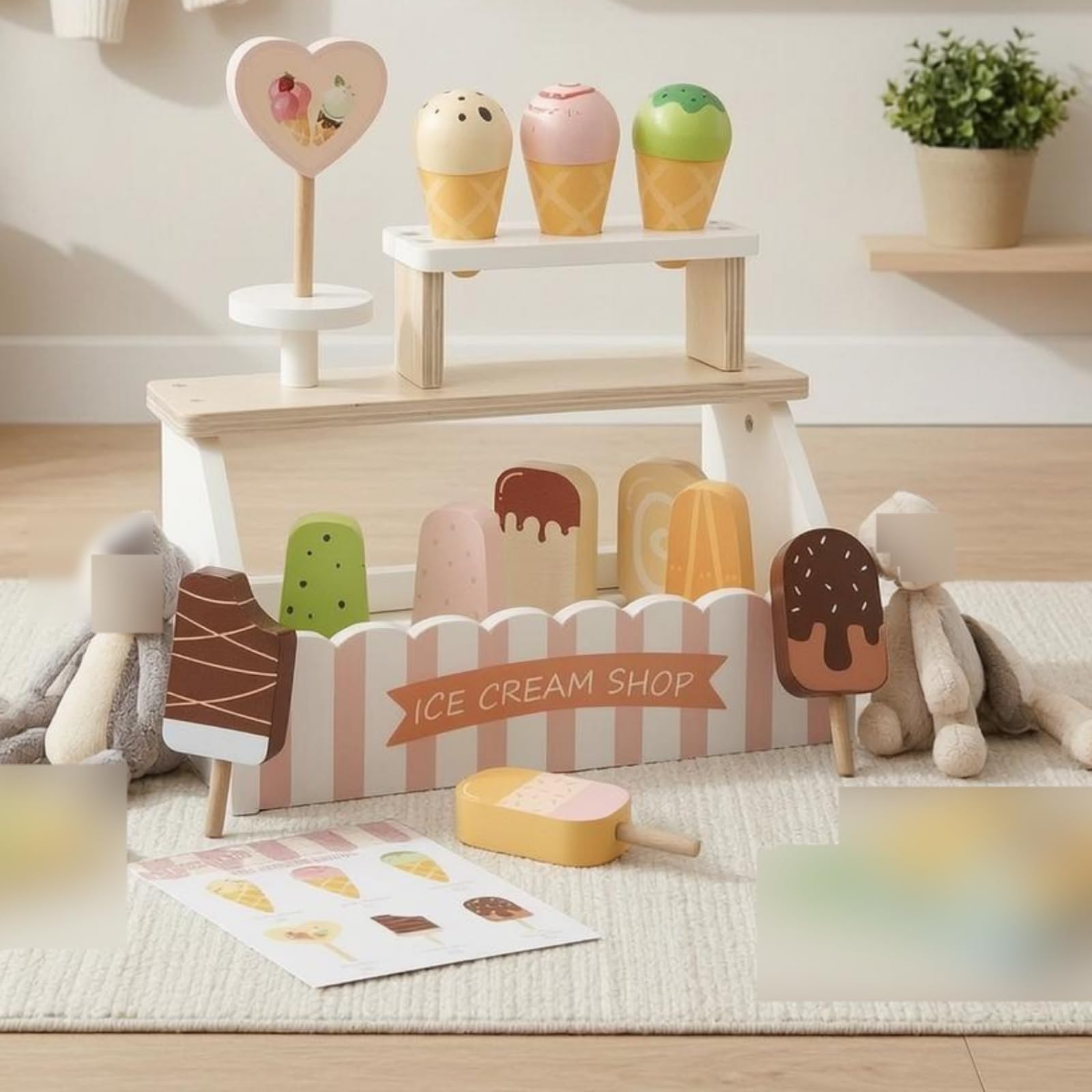 Banco Gelateria Bambini Gioco Stand Negozio Banco Vendita Chiosco Gelati Set con Gelati in Legno E Lavagnetta Menu per Interazioni Cliente Adatto per Casa Asilo Regali