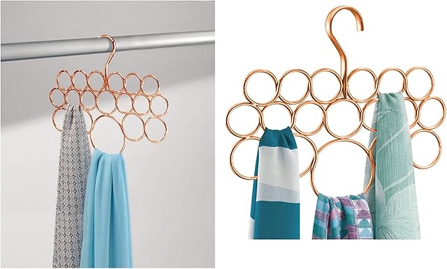 iDesign 24979 Holder with 18 Rings, Copper Scarf Hanger Made of Durable Metal, Practical Wardrobe Organiser for Scarves, Ties and Belts, Single Pack