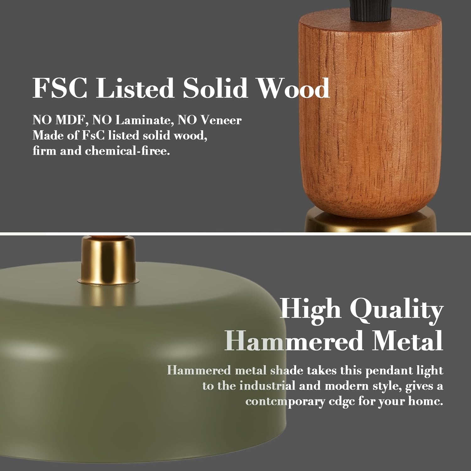 2Packs Modern Pendant Lighting,Industrial Pendant Light Fixtures with Green Metal Shade,Wood and Brass Accent,Adjustable Farmhouse Hanging Light Fixture for Kitchen Island,Dining Room,Bedroom,Hallway
