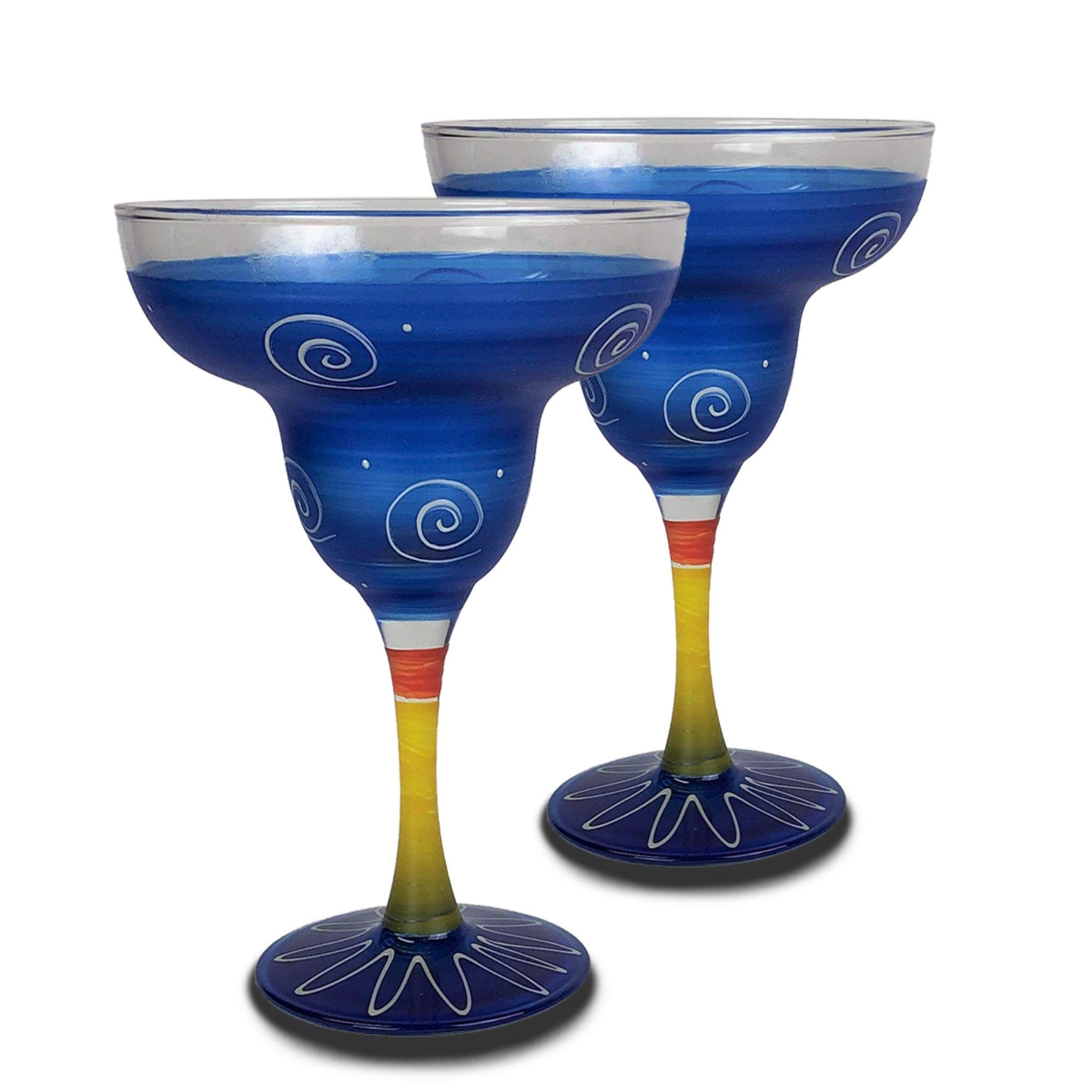 Set of 2 Dark Blue & White Hand Painted Margarita Drinking Glasses - 12 Ounces