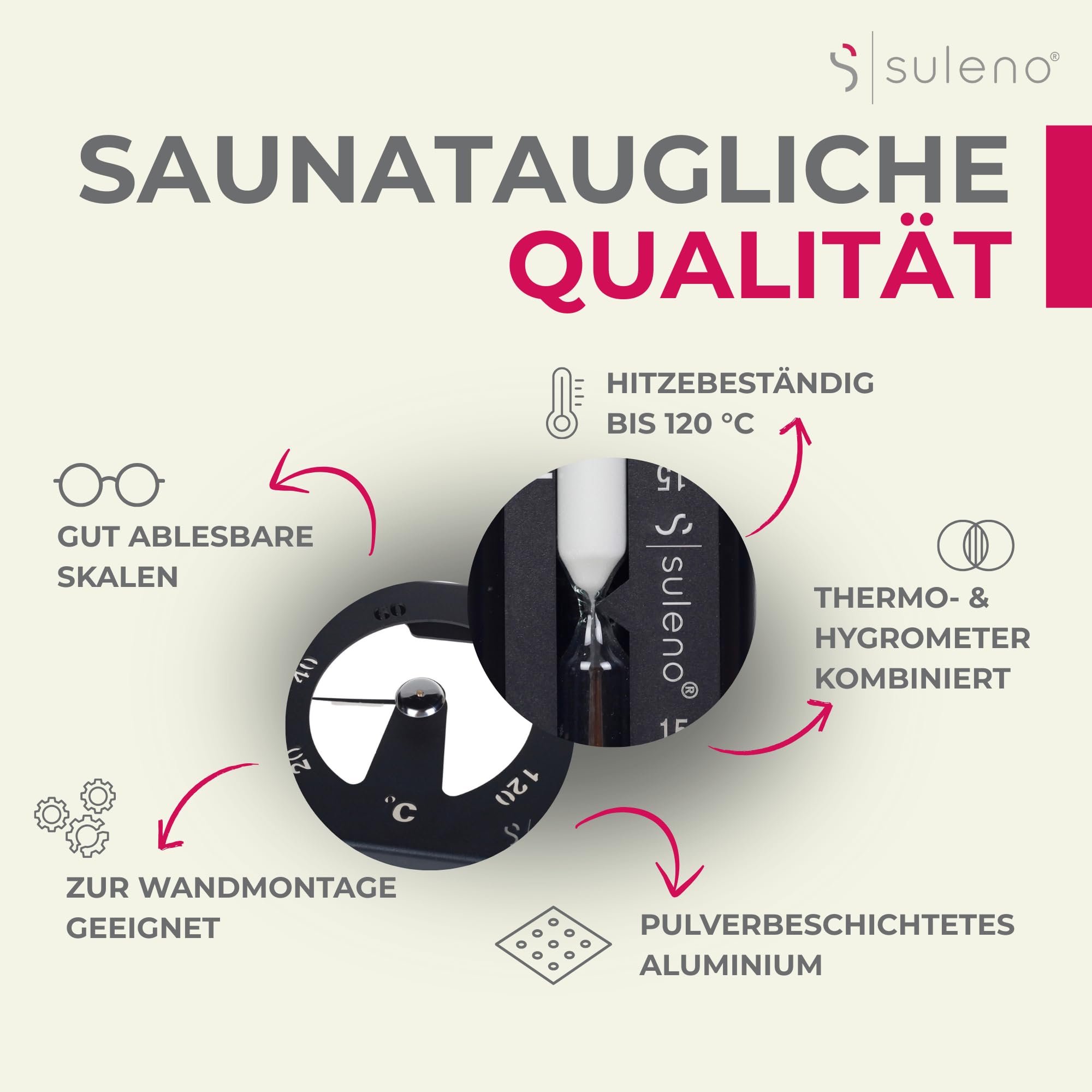 SULENO Sauna Set KJELL 2-teilig, Sanduhr 5-15 Minuten, Klimamesser, Schwarz | Thermometer 20-120°, Hygrometer 0-100%, Saunazubehör, hitzebeständig, modern, Wandmontage, Sandclock, Zeitmesser, Messgerät