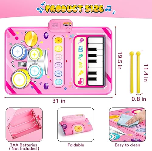 Miniatura 7 de Juguetes para niños pequeños para regalo de cumpleaños de niña de 1 a 2 años, tapete musical 2 en 1 para piano y tambor, regalos de calcetines de