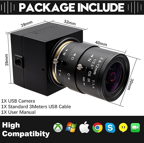 Miniatura 5 de Cámara USB con zoom manual con lente CS de 0.110-0.472 in, cámara web H.264 1080P 30fps, visión con poca luz y quemadura de luz láser, compatible