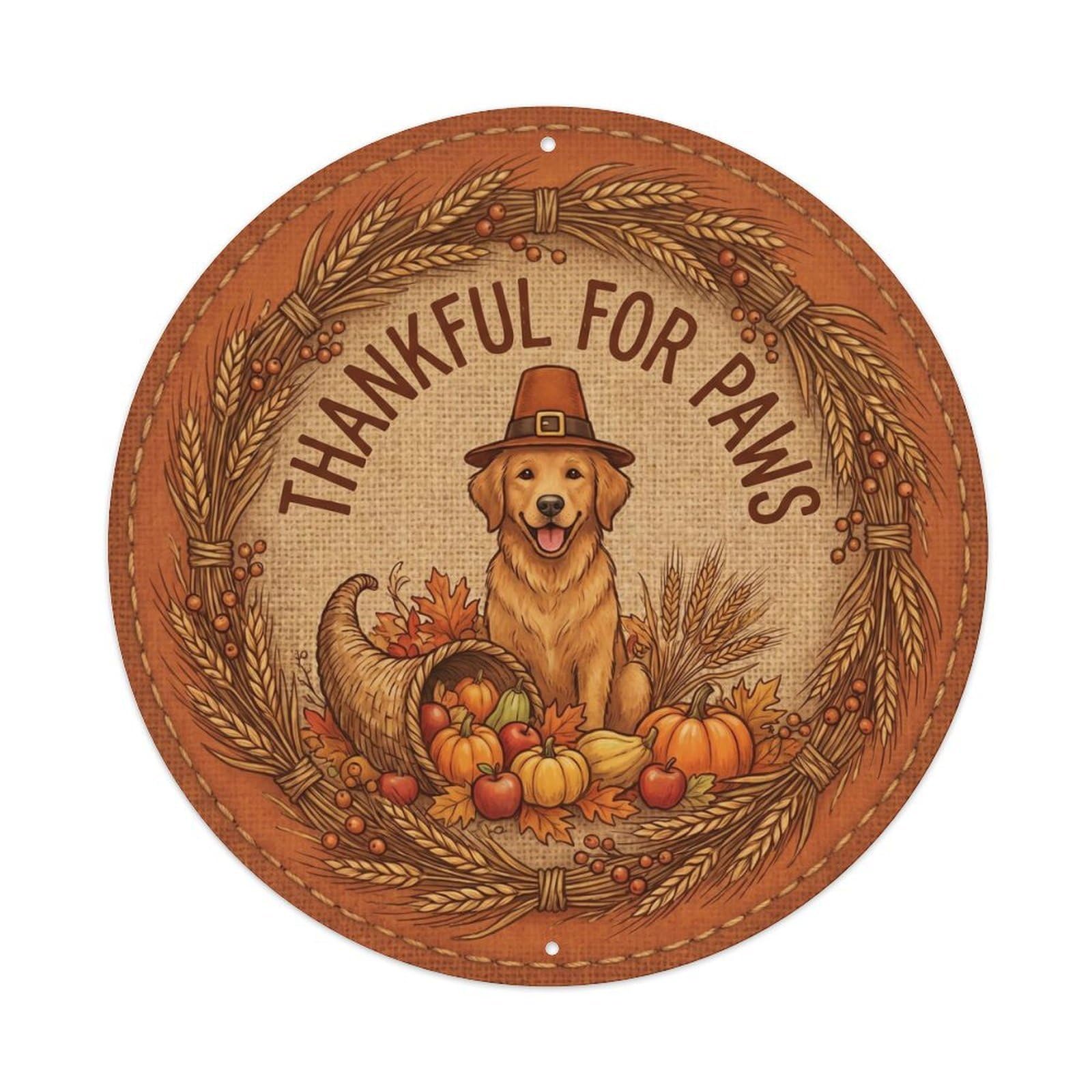 Vintage Thankful For Paws Thanksgiving Metal Tin Sign Plaque Wall Decor for Cafe, Club, Garden Round Metal Poster 8x8Inch