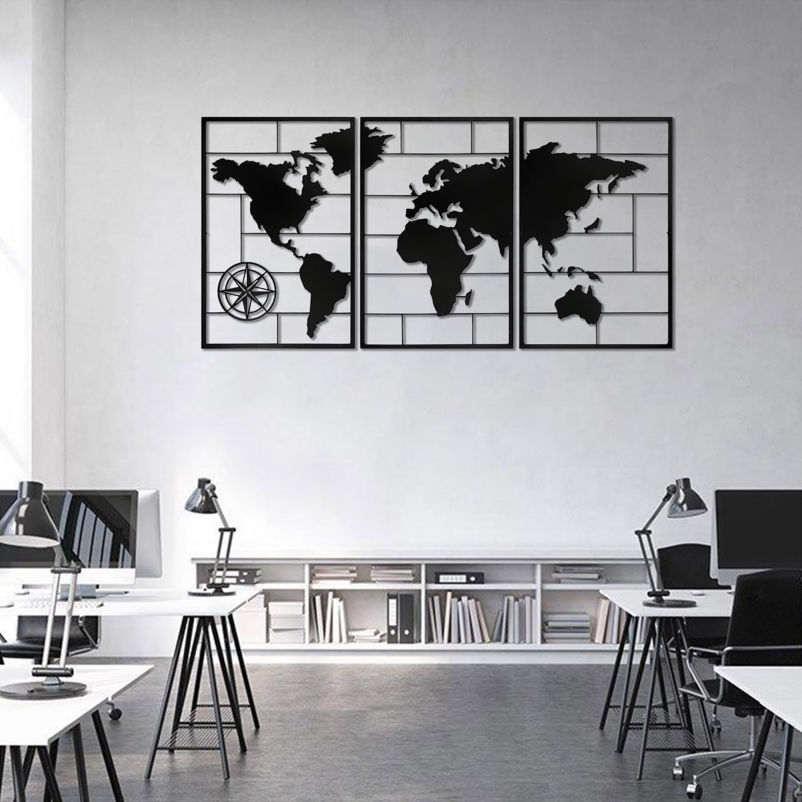 Genérico Arte de Pared de Metal Negro, 3 Piezas, Mapa del Mundo, Estilo 3D, decoración de Oficina, Arte de Pared de Metal, decoración artística, para Sala de Estar, Dormitorio, Pasillo y escaler