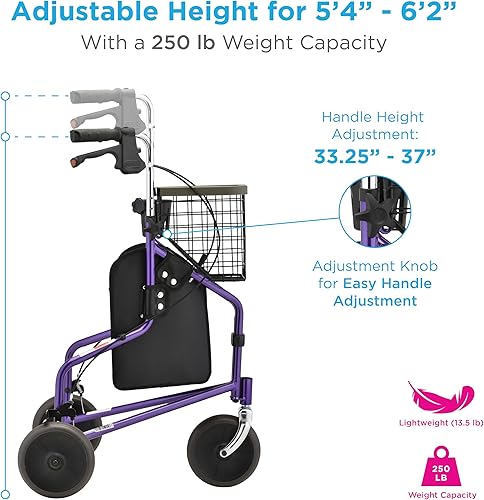 Vista 4 de NOVA Traveler - Andador plegable de 3 ruedas con bandeja, canasta, bolsa y soporte para tazas, ayuda de movilidad ligera para personas mayores