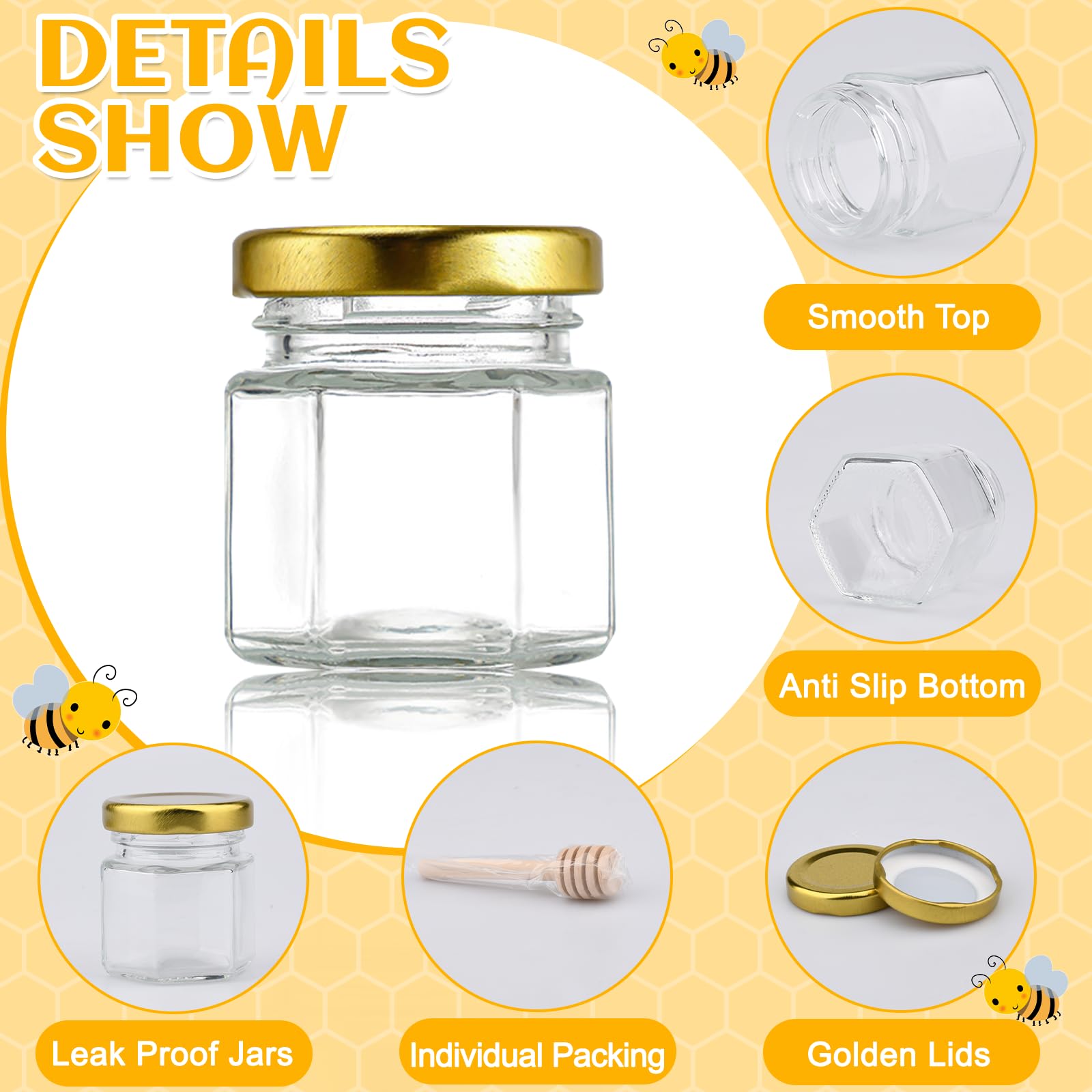 30 pièces de Pots à Miel Verre,Mini Pots À Miel En Verre Hexagonaux de 45 ml avec couvercle à vis,pot miel en verre hexagonal,couvercles dorés,pendentifs abeilles,sacs en gaze