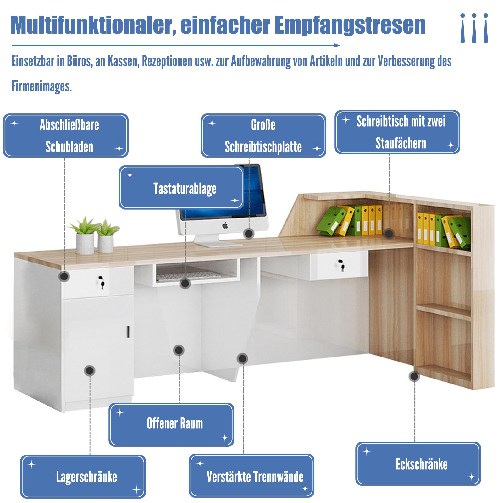 Empfangstheke Rezeptionstheke Verkaufstresen aus Holz mit Stauraum – 100–300 cm Langer Kassentisch Theke für Büro Praxis Friseursalon Kosmetikstudio Laden Empfangsbereich Beratung