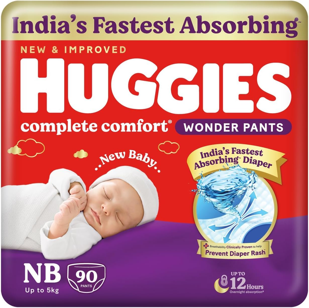 Complete Comfort Wonder Pants | Pant Style Baby Diapers Newborn Size (NB/XS), 90 Count | India's Fastest Absorbing Diaper, Prevents Diaper Rash, Ideal for 0-5 Kgs