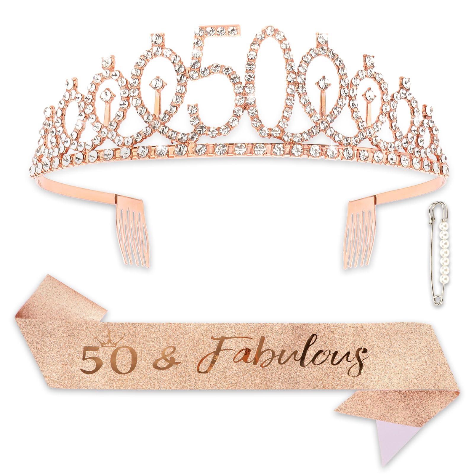 Wanciler 50 and Fabulous Sash & Rhinestone Tiara Set 50th Birthday Tiara and Sash for Women, 50 and Fabulous Rose Gold Birthday Party Supplies