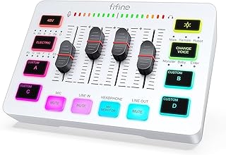 FIFINE Audio Interface with RGB Lights,Slider Fader for Podcast Streaming Gaming,PC Audio Mixer,Stream Deck with XLR Microphone Input,Voice Effects for Music Recording,Video Creating-SC3 White