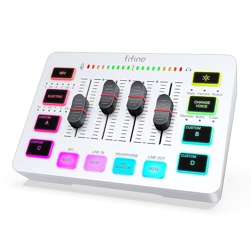 FIFINE Audio Interface with RGB Lights,Slider Fader for Podcast Streaming Gaming,PC Audio Mixer,Stream Deck with XLR Microphone Input,Voice Effects for Music Recording,Video Creating-SC3 White - White