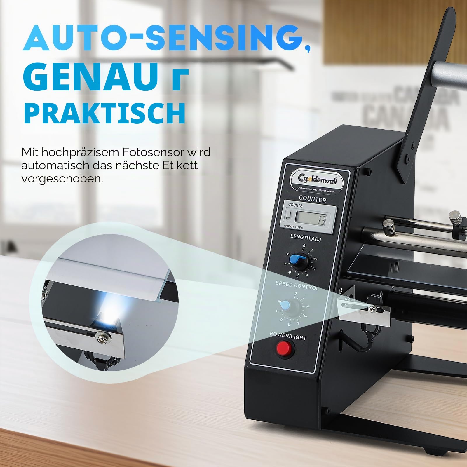CGOLDENWALL Automatischer Etikettenspender, für Rollenetiketten | Länge und Geschwindigkeit Einstellbar, 1-8 m/min, Zählung von 0-999999, Breite 4-140MM, Länge 3-150MM, für Logistik, Büro