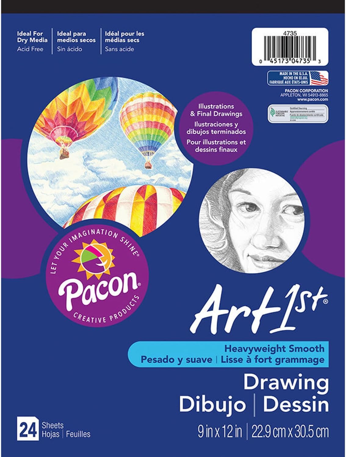 Art1st® PAC4735BN Drawing Paper Pad, Heavyweight, 9" x 12", 24 Sheets Per Pad, Pack of 6