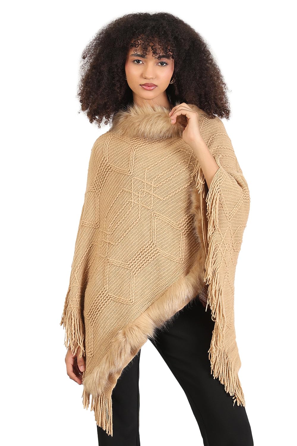 SHOWOFF Women's Solid Beige Fringed Edge Poncho-CHN-05_Beige-image-31