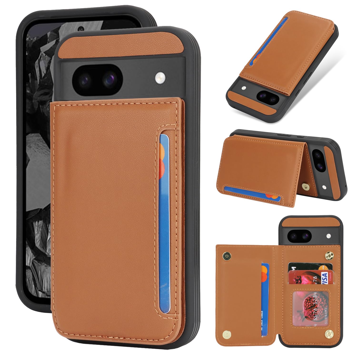 Étui portefeuille Pixel 8a marron clair en cuir synthétique robuste - 8