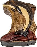 Vista 1 de Leaping Dolphin - Caja de rompecabezas de madera de Intarsia, hecha a mano con compartimento secreto