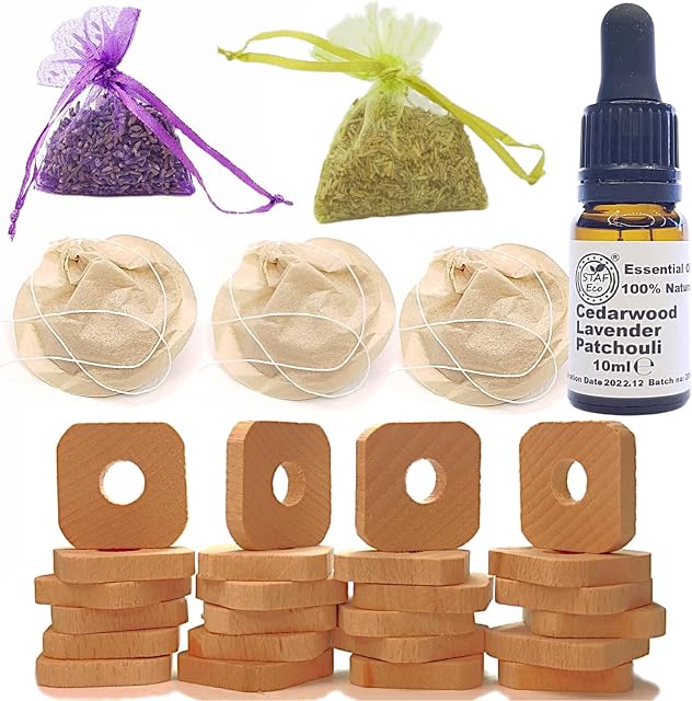 STAFECO® Moth Repellent for Wardrobes and Drawers Natural Wood Rings with Oil for clothes (Lavender Cedarwood Patchouli) (Medium D)