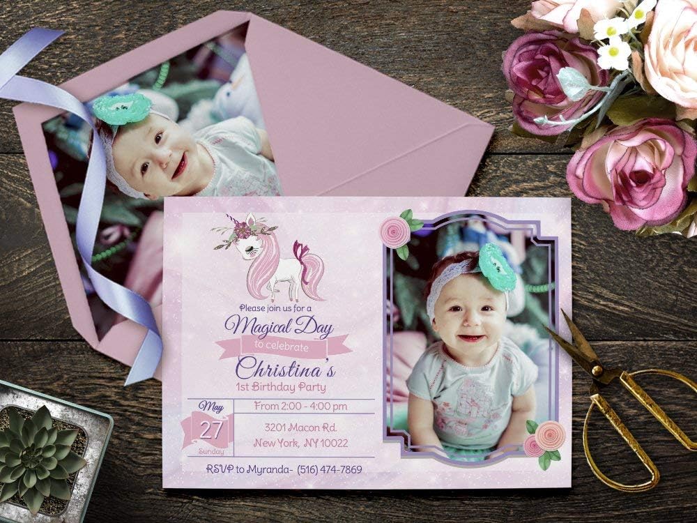 Unicorn Birthday Invitation with Photo, Photo Birthday Invitation, Unicorn Rainbow Birthday Cards, Pink Magical Birthday, PRINTED Invites