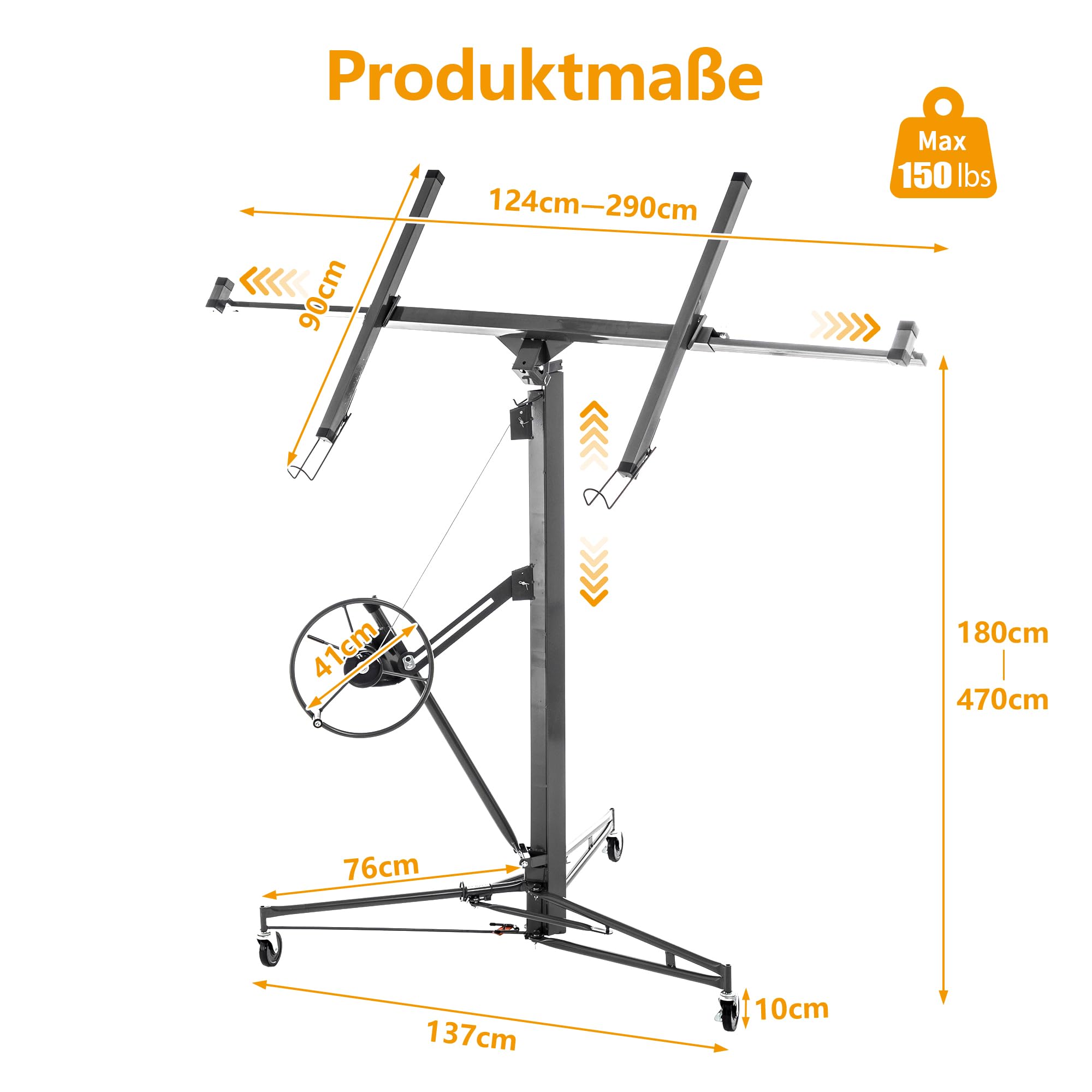 Plattenheber Trockenbau, Plattenlift Bis Max. 68 kg, Höhe 180-470 cm, 60-Grad-Neigung, mit 3 Bremsrädern, Hebevorrichtung Lastenheber für Decken und Wände, Grau, HD26041502