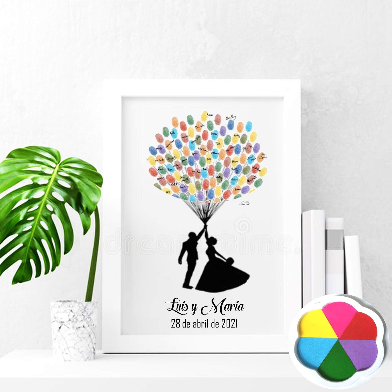 Cuadro de Boda, Libro de visitas, Cuadro de Huella Digital Invitados. Personalizado. Tinta y Marco incluidos. (Marco Blanco, 40 x 50 cm)